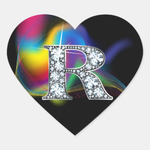 Cœur Bling diamant "R" sur Sticker Coeur arc-en-ciel
