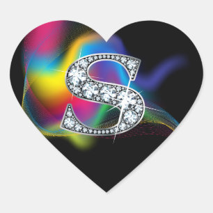 Cœur Bling en diamant "S" sur Sticker en arc-en-ciel