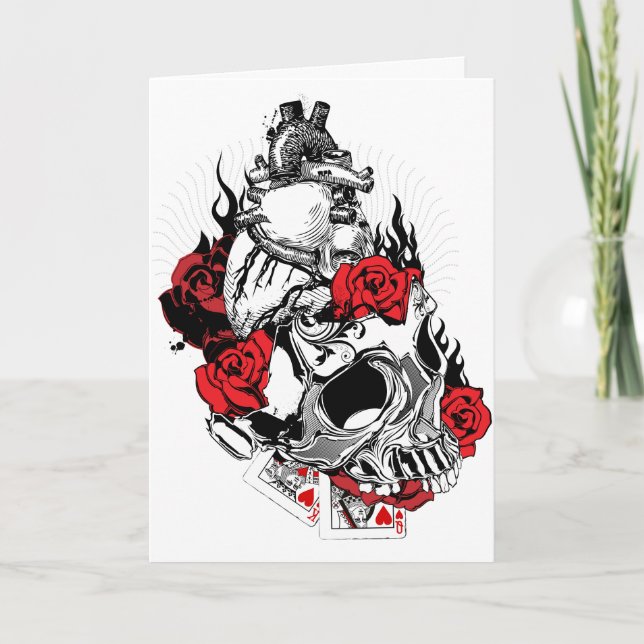 Coeur, crâne et Rose - Carte Saint Valentin (Devant)