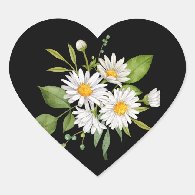 Cœur Daisy flower on black background Sticker (Devant)