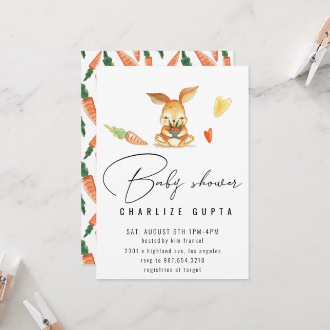 Coeur de carotte de lapin Baby shower Invitation f (Devant/Arrière en situation)
