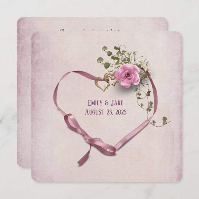 Coeur de ruban rose faire-part de mariage avec ann (Devant / Derrière)