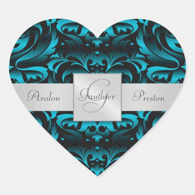 Cœur Élégant Sticker Mariage Turquoise Damas foncé (Devant)
