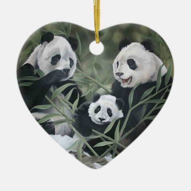 Cœur En Céramique Ornement de famille de panda (Devant)