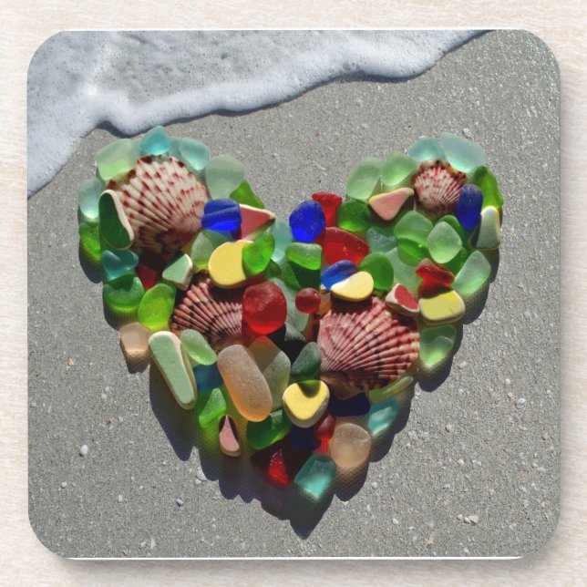 Coeur en verre de mer, dessous de verre photo en v (Devant)