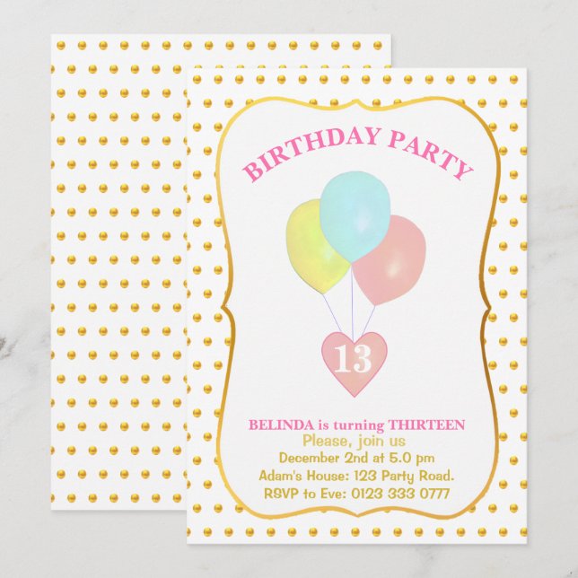 Coeur et ballons 13e anniversaire Invitation (Devant / Derrière)