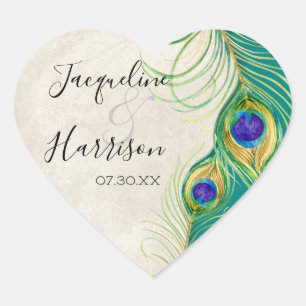 Cœur Favoriser Sticker Cadeau - Peacock Feathers Mariag