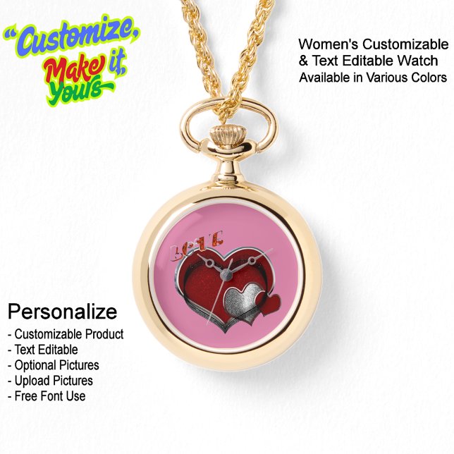 Coeur Magic Gold Collier Montre Visage rose (Women's Heart Magic Gold Necklace Watch Featuring a Pink Face.)