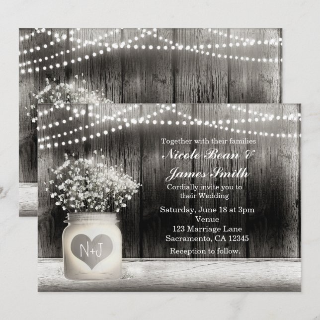Coeur Mason Jar & Bébé's Breath Invitations rustiq (Devant / Derrière)