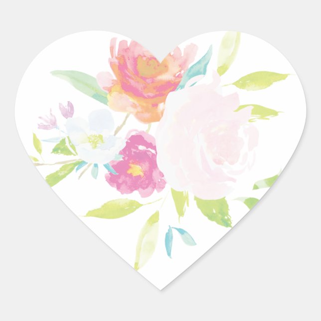 Cœur Pastel Bright Floral Aquarelle Coeur Sticker (Devant)