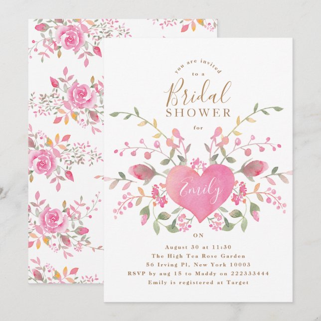 Coeur rose et fleurs Invitation à la douche nuptia (Devant / Derrière)