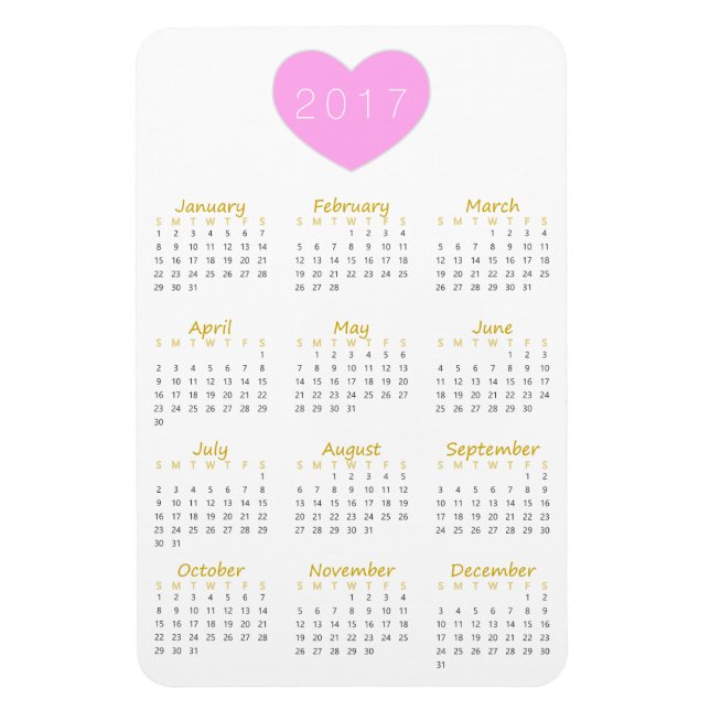 Coeur rose mignon 2017 Magnet Calendrier - Or & Gr (Vertical)