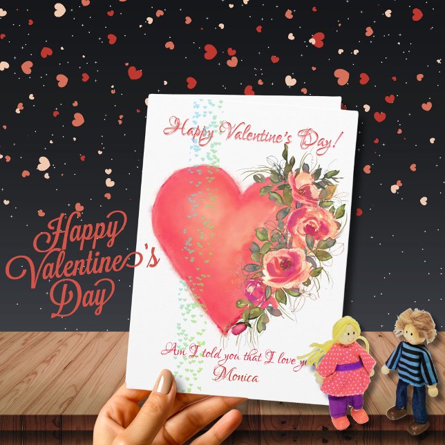 Coeur rose rouge avec fleurs Carte Saint-Valentin (Red Heart with Flowers Valentine's Day Card)