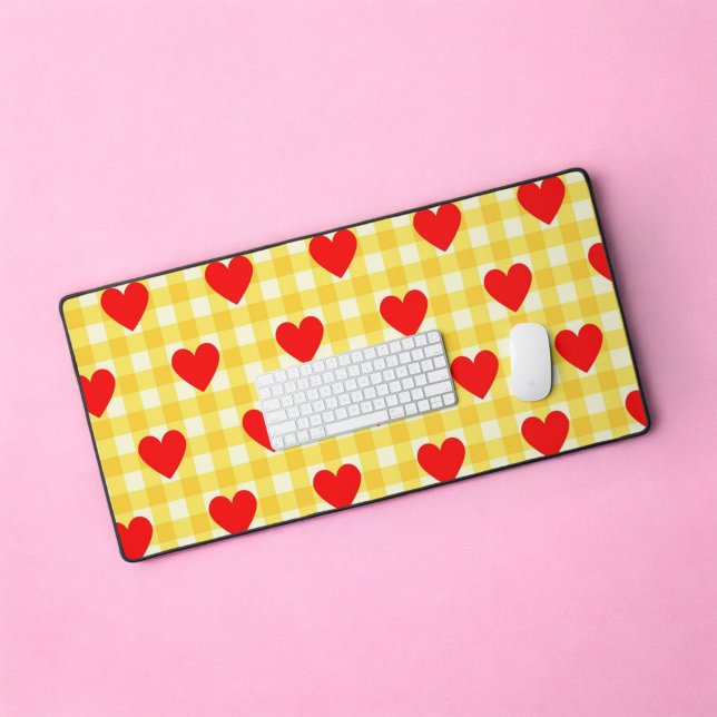 Coeur rouge Jaune En vichy Saint Valentin (Red Heart Yellow Gingham Valentine's Day Desk Mat)