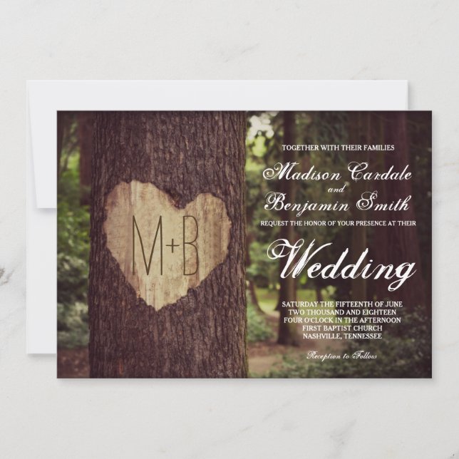 Coeur sculpté Arbre rustique Invitations de mariag (Devant)