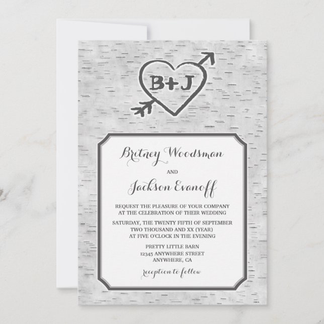 Coeur sculpté Birch Tree écorce Mariage Invitation (Devant)