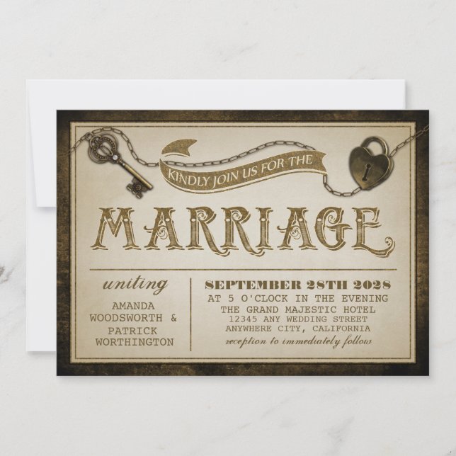 Coeur serrure et squelette clés mariage Invitation (Devant)