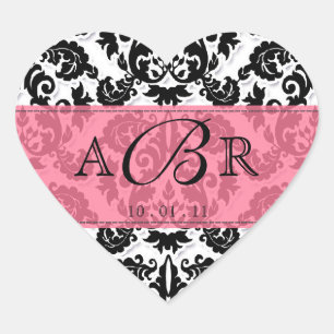Cœur Sticker Black White n Hot rose Fleur de Lis Damask