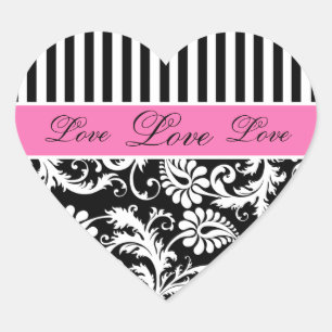 Cœur Sticker d'amour noir, blanc, PInk Damask