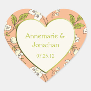 Cœur Sticker Mariage Fleurs Vertes Crème Pêche