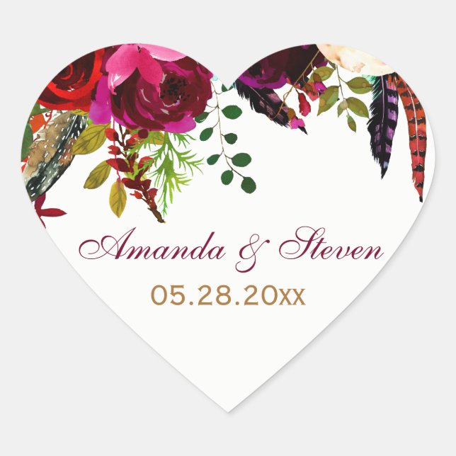 Cœur Sticker mariage - Floral Bourgogne, Plumes (Devant)