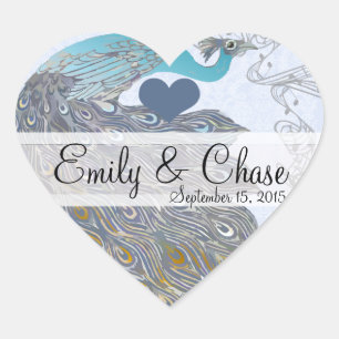 Cœur Sticker Mariage Gris Jaune Aqua Peacock Feathers