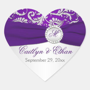 Cœur Sticker Mariage Monogram argent et pourpre