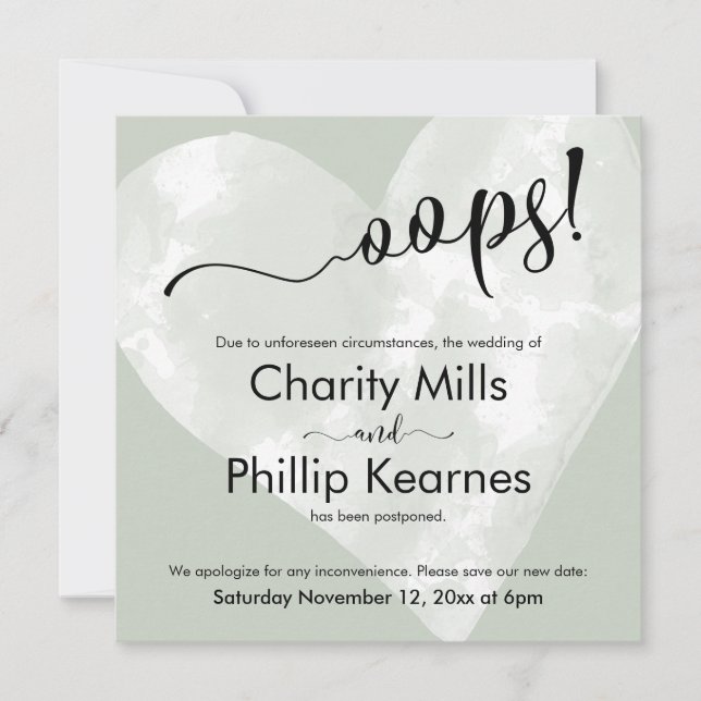 Coeur sur Sage Green Oops! Carte Mariage reportée (Devant)