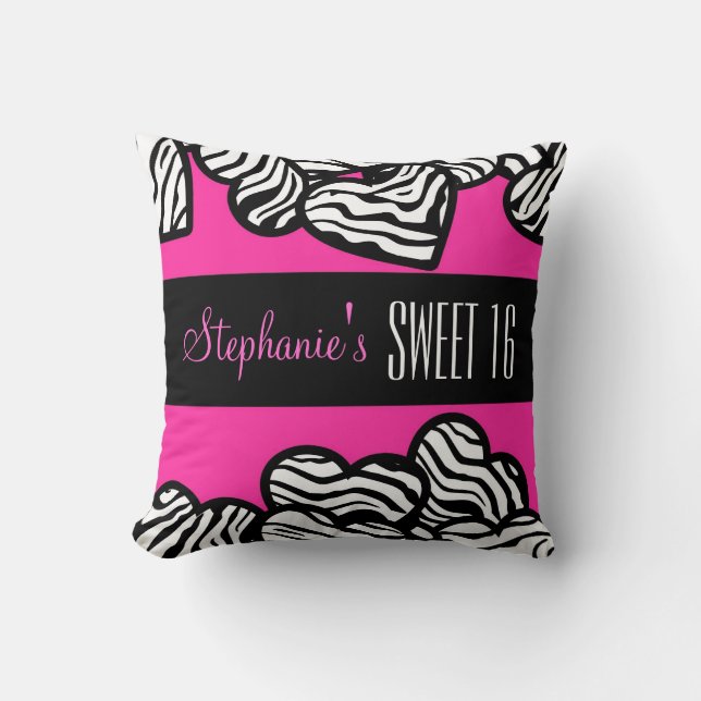 Coeur zèbre rose mignon Doux 16 Coussin d'annivers (Recto)