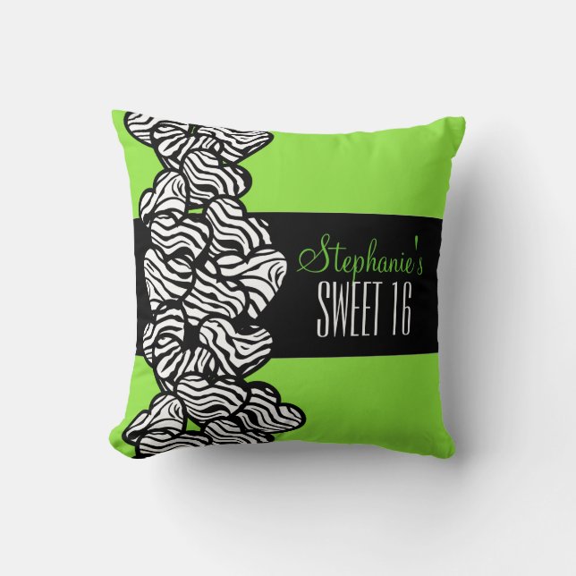 Coeur zèbre vert mignon Doux 16 Coussin d'annivers (Recto)