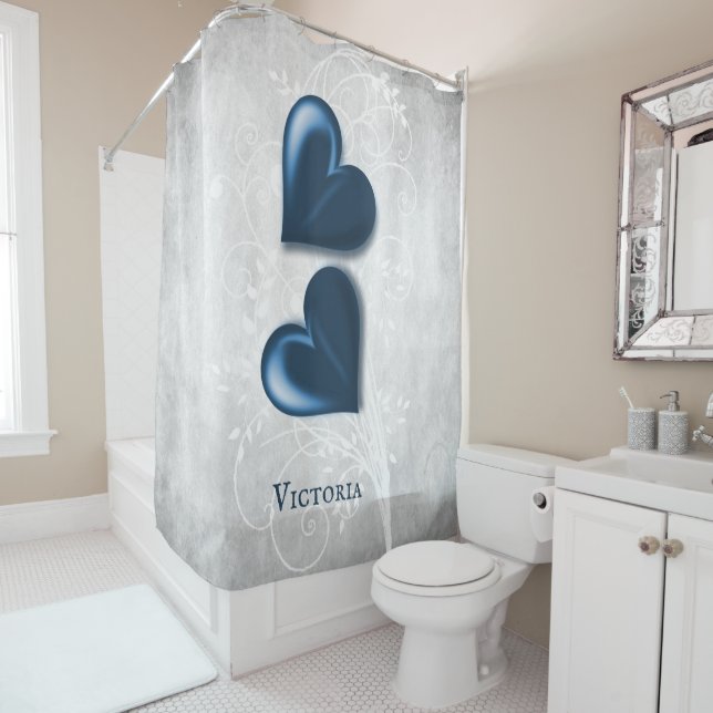 Coeurs bleus rideau de douche personnalisée (En situation)