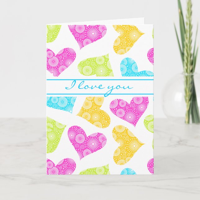 Coeurs colorés avec fleurs Carte de voeux (Devant)