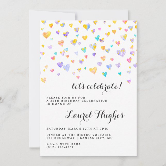 Coeurs Confetti colorés Invitation de fête d'anniv (Devant)
