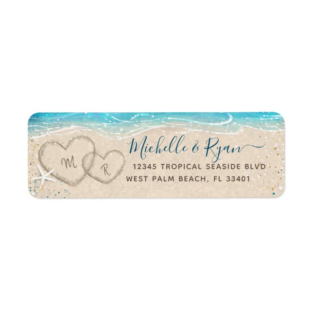 Cœurs dans le sable Aquarelle plage Adresse de ret (Devant)