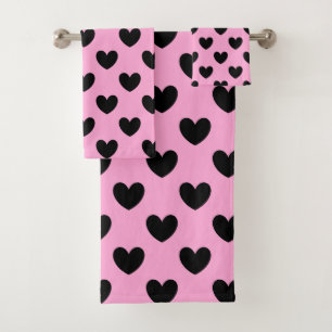 Coeurs de polka noir sur coton bonbon rose