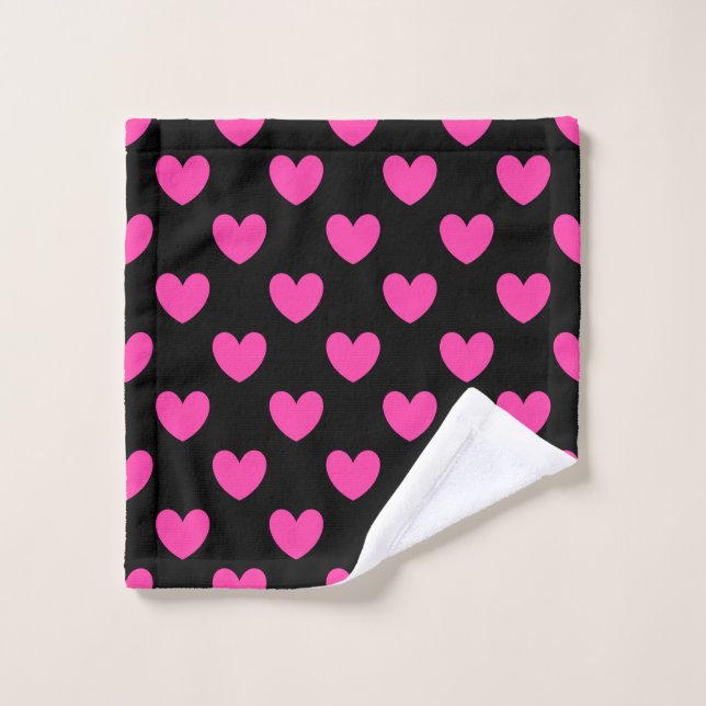 Coeurs de polka rose Fuchsia sur noir (Gant de toilette)