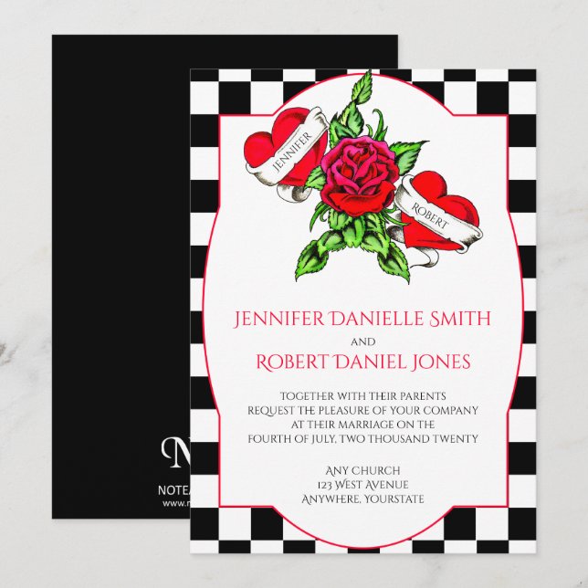 Coeurs de rockabilly et faire-part de mariage rose (Devant / Derrière)