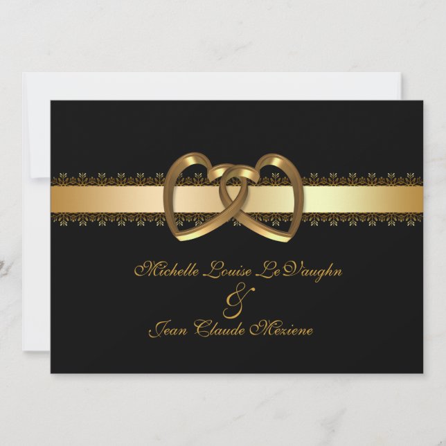 Coeurs d'or faire-part de mariage sur noir (Devant)