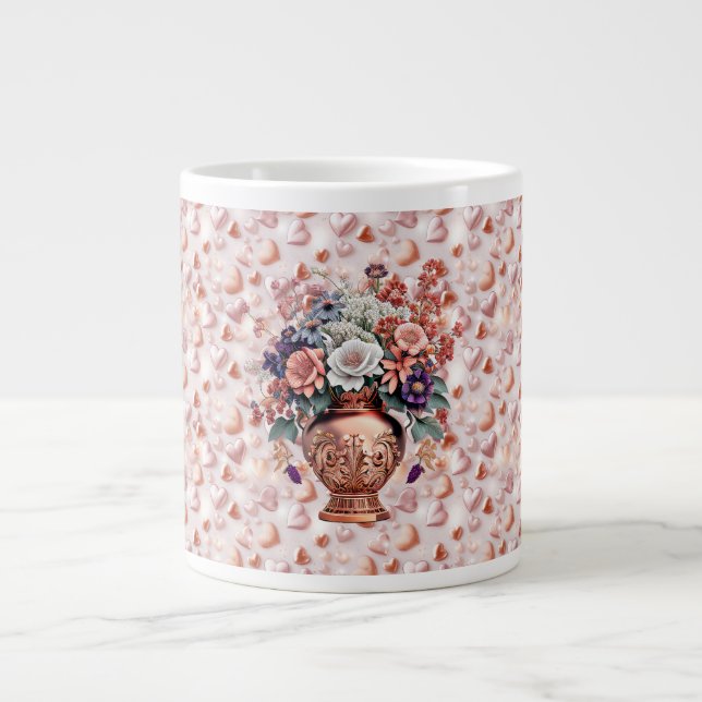 Coeurs d'or rose et fleurs Jumbo Mug en céramique (Devant)