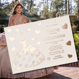 Coeurs d'or Rose ivoire Quinceañera Invitation