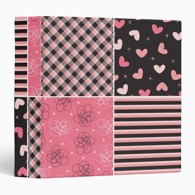 Coeurs doux Plaid Motif rose noir Classeur (Devant/Côté)