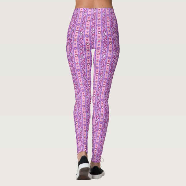 Coeurs et fleurs rayées motif leggings violets (Dos)
