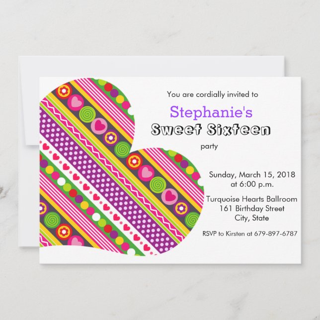 Coeurs fleurs colorées Sweet 16 Party Invitation (Devant)