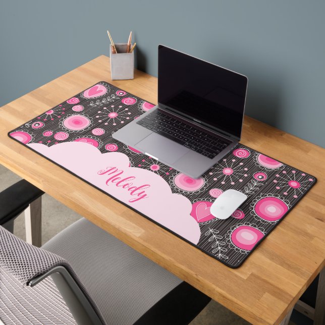 Coeurs gris rose blanc et nom fleuri (Bureau 2)