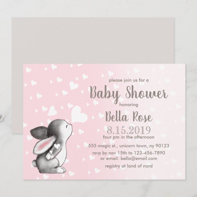 Coeurs gris rose Bunny Baby Shower Invitations (Devant / Derrière)
