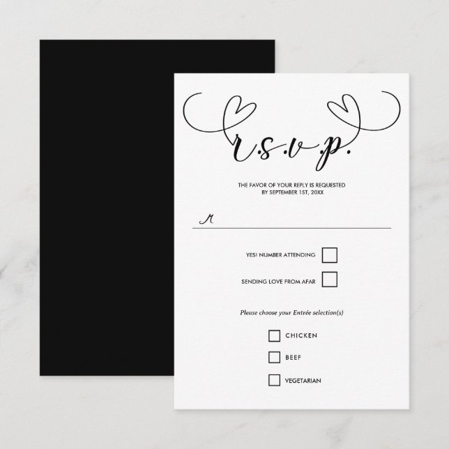 Coeurs modernes Noir & Blanc Mariage minimal RSVP (Devant / Derrière)
