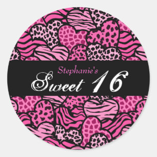 Coeurs motifs animaux roses Sweet 16 autocollant