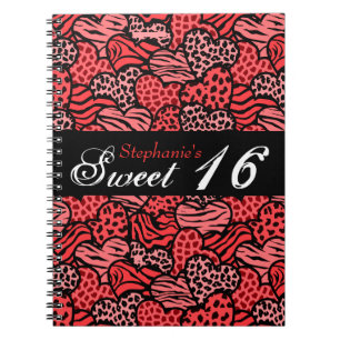 Coeurs motifs d'animaux rouges Sweet 16 Carnet