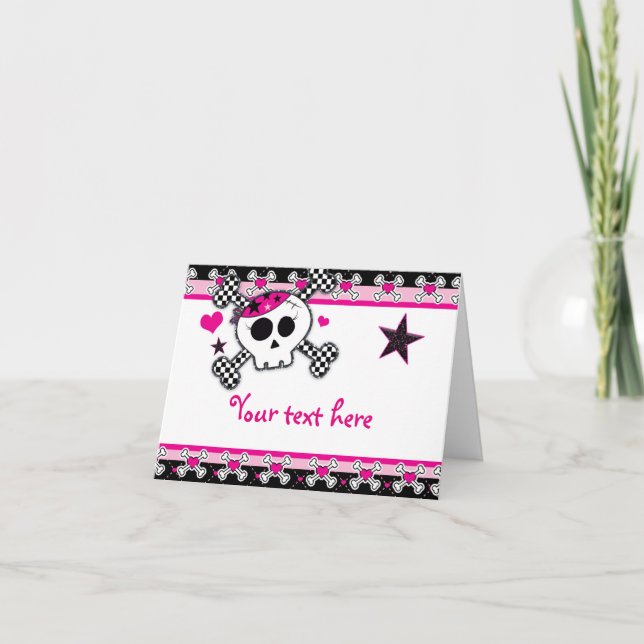 Coeurs roses Crâne et os croisés Carte de remercie (Devant)