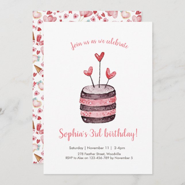 Coeurs roses Invitation au gâteau d'anniversaire (Devant / Derrière)